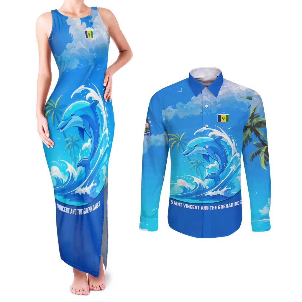 Saint Vincent and the Grenadines Dolphin Couples Matching Tank Maxi Dress and Long Sleeve Button Shirt with Ocean Wave and Tropical Island Design - Wonder Print Shop
