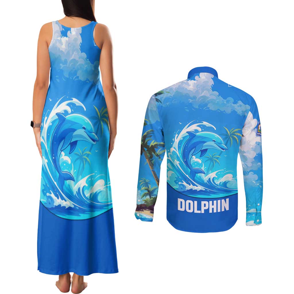 Saint Vincent and the Grenadines Dolphin Couples Matching Tank Maxi Dress and Long Sleeve Button Shirt with Ocean Wave and Tropical Island Design - Wonder Print Shop