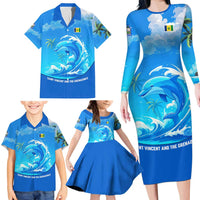 Saint Vincent and the Grenadines Dolphin Family Matching Long Sleeve Bodycon Dress and Hawaiian Shirt with Ocean Wave and Tropical Island Design - Wonder Print Shop