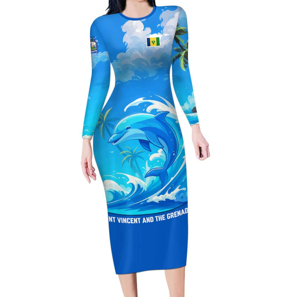 Saint Vincent and the Grenadines Dolphin Family Matching Long Sleeve Bodycon Dress and Hawaiian Shirt with Ocean Wave and Tropical Island Design - Wonder Print Shop