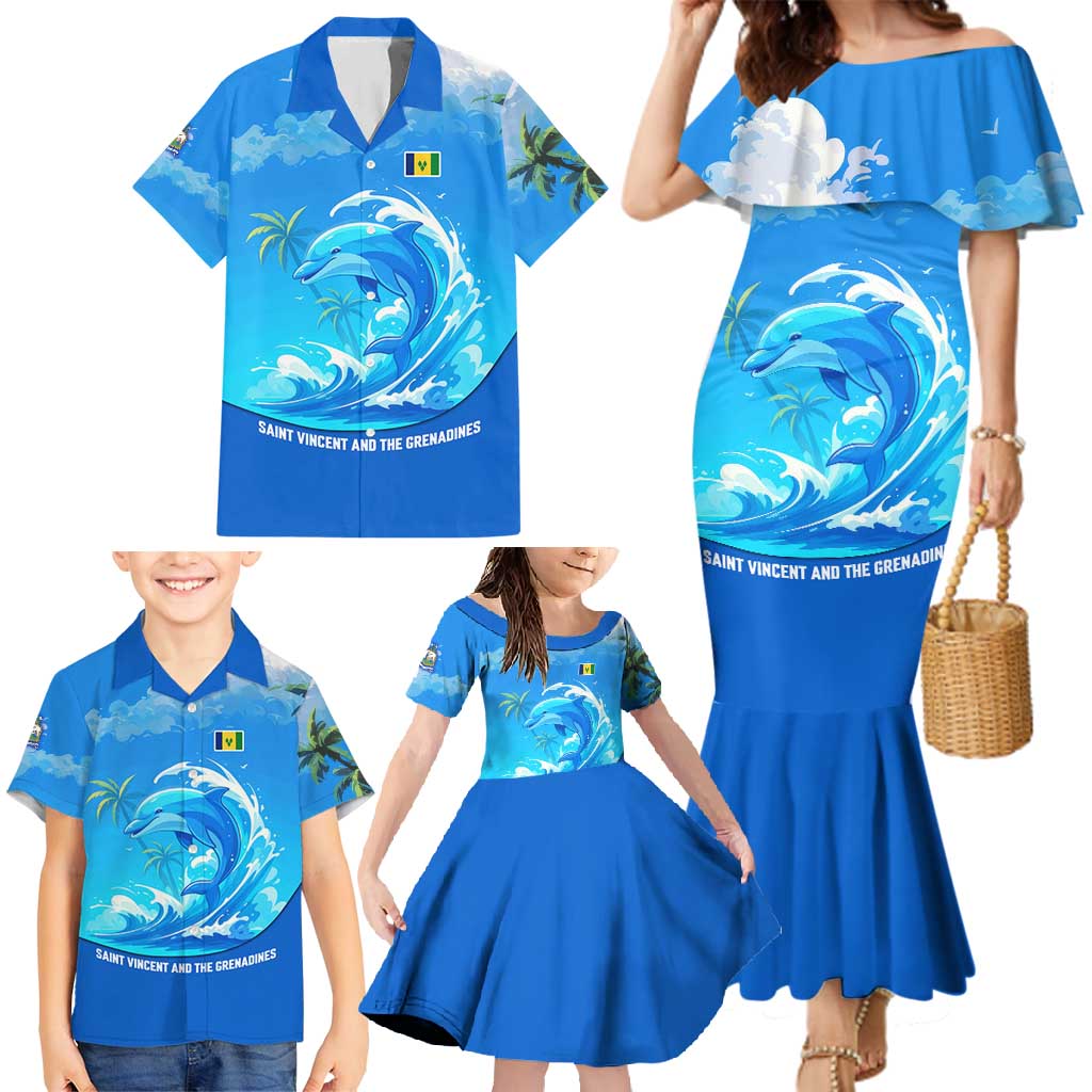 Saint Vincent and the Grenadines Dolphin Family Matching Mermaid Dress and Hawaiian Shirt with Ocean Wave and Tropical Island Design - Wonder Print Shop