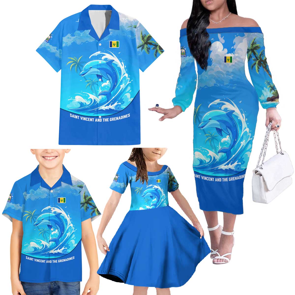 Saint Vincent and the Grenadines Dolphin Family Matching Off The Shoulder Long Sleeve Dress and Hawaiian Shirt with Ocean Wave and Tropical Island Design - Wonder Print Shop