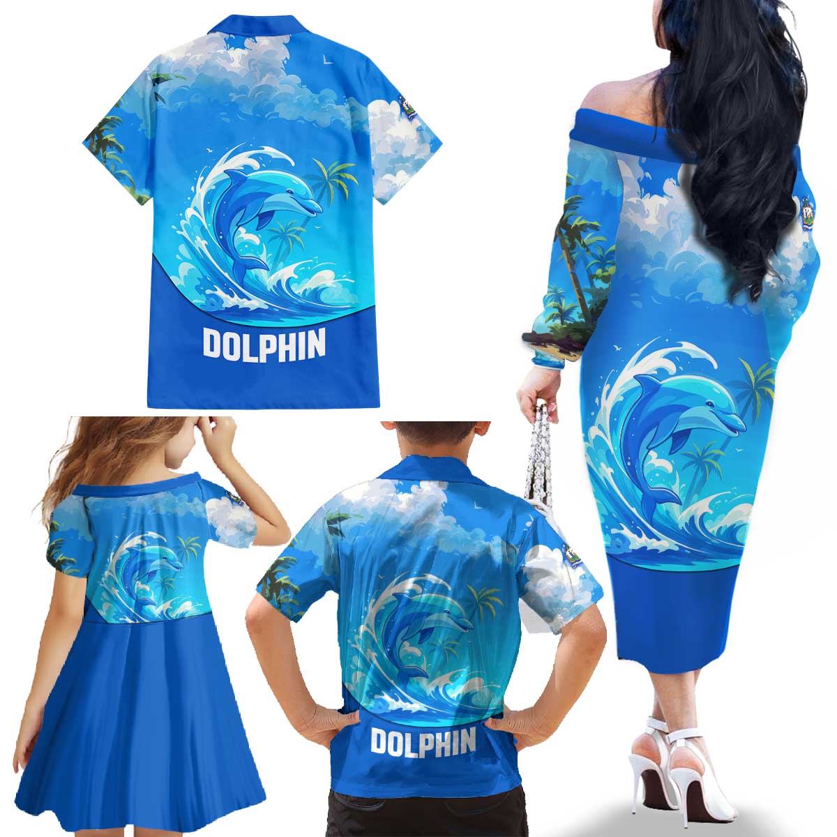 Saint Vincent and the Grenadines Dolphin Family Matching Off The Shoulder Long Sleeve Dress and Hawaiian Shirt with Ocean Wave and Tropical Island Design - Wonder Print Shop