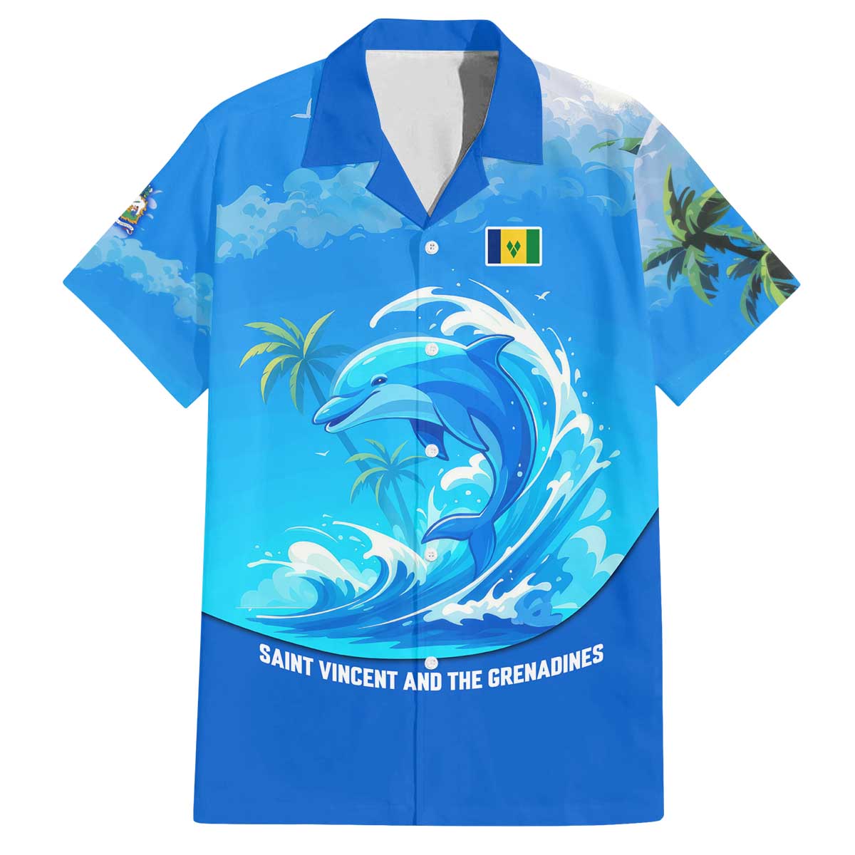 Saint Vincent and the Grenadines Dolphin Family Matching Off The Shoulder Long Sleeve Dress and Hawaiian Shirt with Ocean Wave and Tropical Island Design - Wonder Print Shop