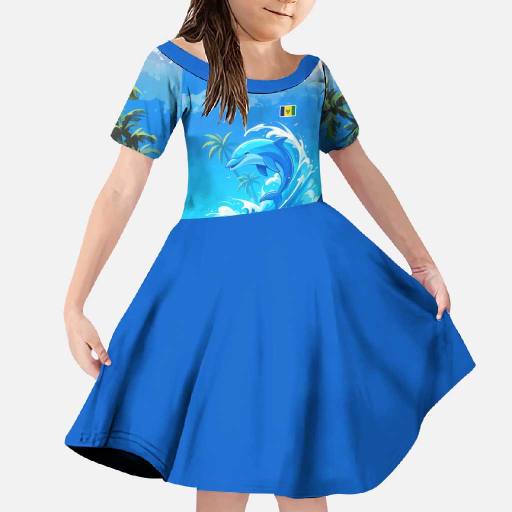 Saint Vincent and the Grenadines Dolphin Family Matching Off Shoulder Maxi Dress and Hawaiian Shirt with Ocean Wave and Tropical Island Design - Wonder Print Shop