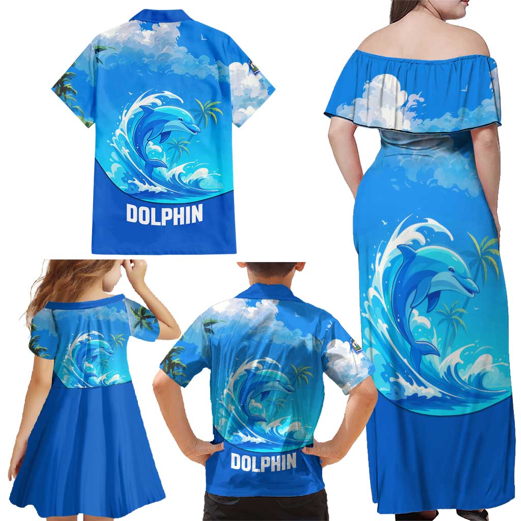Saint Vincent and the Grenadines Dolphin Family Matching Off Shoulder Maxi Dress and Hawaiian Shirt with Ocean Wave and Tropical Island Design - Wonder Print Shop