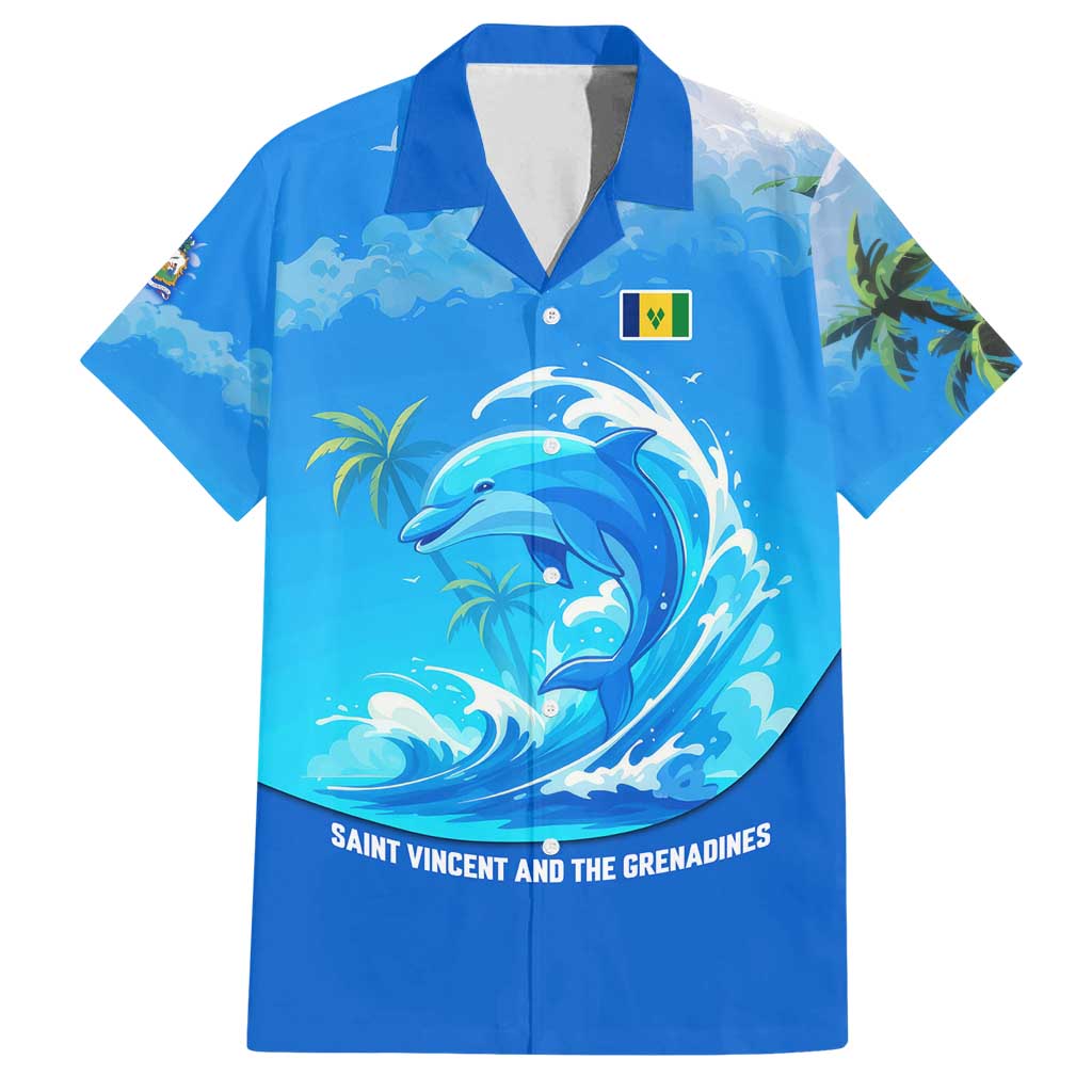 Saint Vincent and the Grenadines Dolphin Family Matching Off Shoulder Maxi Dress and Hawaiian Shirt with Ocean Wave and Tropical Island Design - Wonder Print Shop