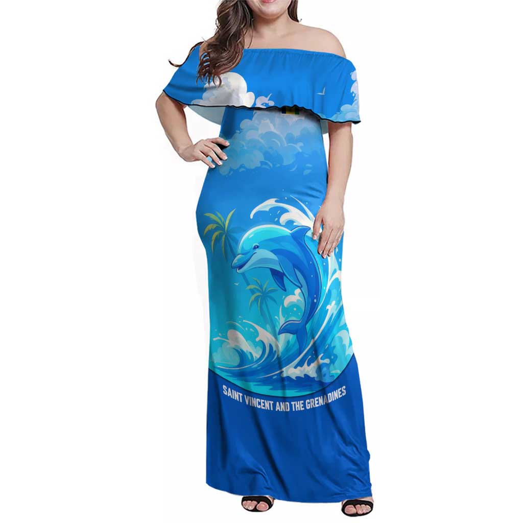 Saint Vincent and the Grenadines Dolphin Family Matching Off Shoulder Maxi Dress and Hawaiian Shirt with Ocean Wave and Tropical Island Design - Wonder Print Shop
