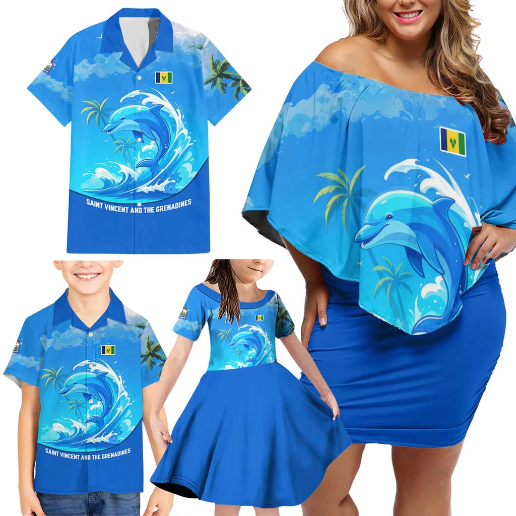 Saint Vincent and the Grenadines Dolphin Family Matching Off Shoulder Short Dress and Hawaiian Shirt with Ocean Wave and Tropical Island Design - Wonder Print Shop