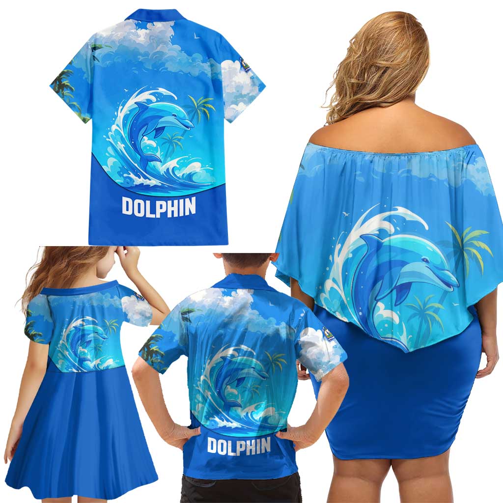 Saint Vincent and the Grenadines Dolphin Family Matching Off Shoulder Short Dress and Hawaiian Shirt with Ocean Wave and Tropical Island Design - Wonder Print Shop
