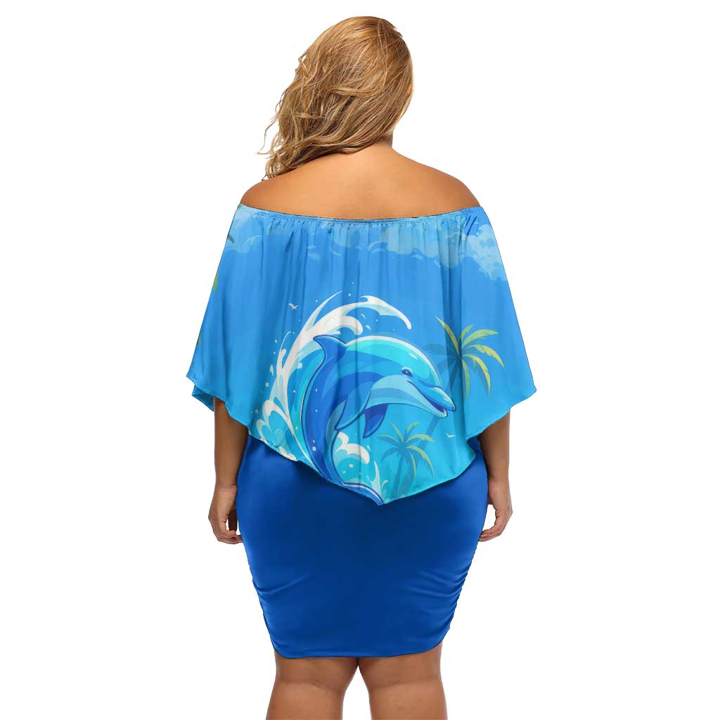 Saint Vincent and the Grenadines Dolphin Family Matching Off Shoulder Short Dress and Hawaiian Shirt with Ocean Wave and Tropical Island Design - Wonder Print Shop