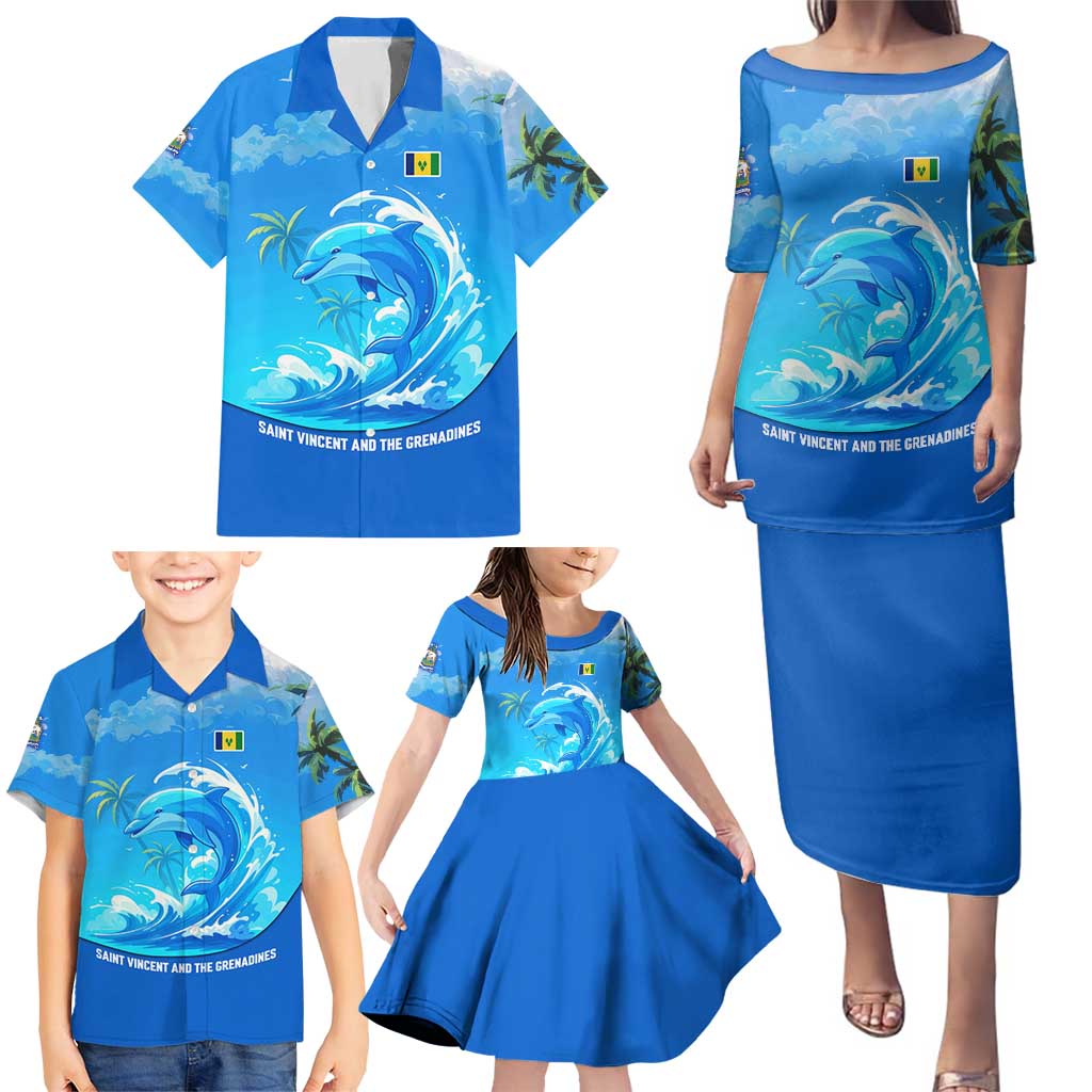 Saint Vincent and the Grenadines Dolphin Family Matching Puletasi and Hawaiian Shirt with Ocean Wave and Tropical Island Design - Wonder Print Shop