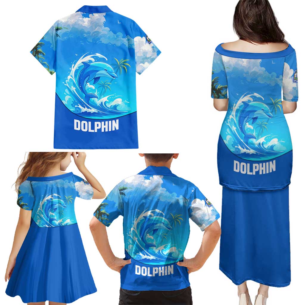 Saint Vincent and the Grenadines Dolphin Family Matching Puletasi and Hawaiian Shirt with Ocean Wave and Tropical Island Design - Wonder Print Shop