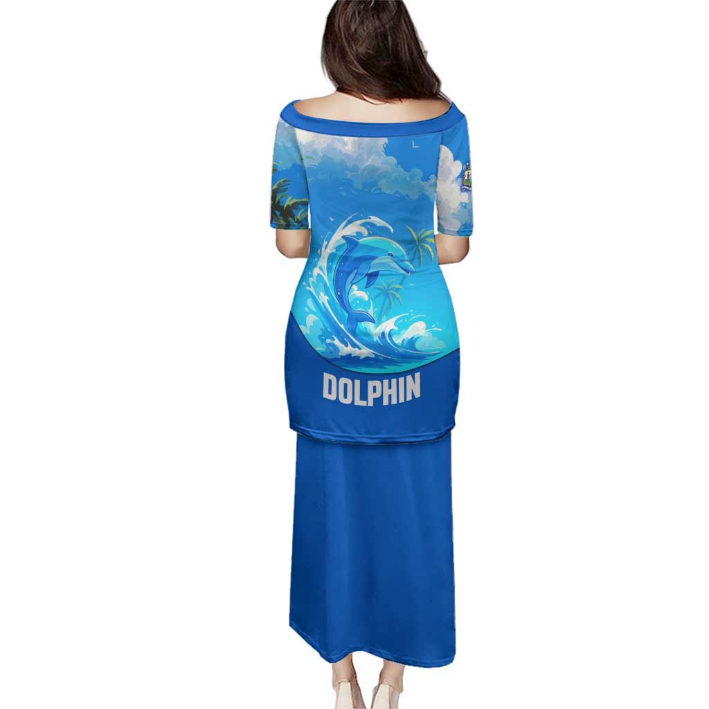 Saint Vincent and the Grenadines Dolphin Family Matching Puletasi and Hawaiian Shirt with Ocean Wave and Tropical Island Design - Wonder Print Shop