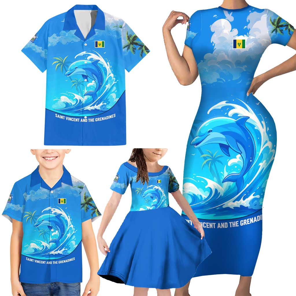 Saint Vincent and the Grenadines Dolphin Family Matching Short Sleeve Bodycon Dress and Hawaiian Shirt with Ocean Wave and Tropical Island Design - Wonder Print Shop
