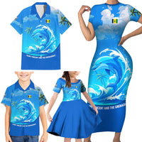 Saint Vincent and the Grenadines Dolphin Family Matching Short Sleeve Bodycon Dress and Hawaiian Shirt with Ocean Wave and Tropical Island Design - Wonder Print Shop