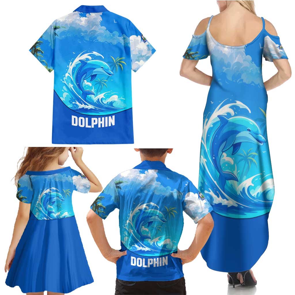 Saint Vincent and the Grenadines Dolphin Family Matching Summer Maxi Dress and Hawaiian Shirt with Ocean Wave and Tropical Island Design - Wonder Print Shop