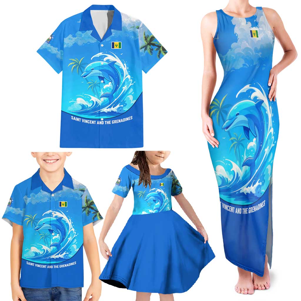 Saint Vincent and the Grenadines Dolphin Family Matching Tank Maxi Dress and Hawaiian Shirt with Ocean Wave and Tropical Island Design - Wonder Print Shop