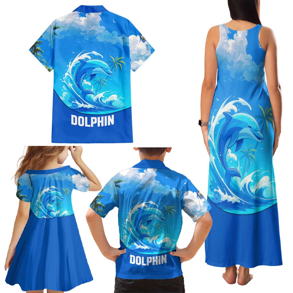 Saint Vincent and the Grenadines Dolphin Family Matching Tank Maxi Dress and Hawaiian Shirt with Ocean Wave and Tropical Island Design - Wonder Print Shop