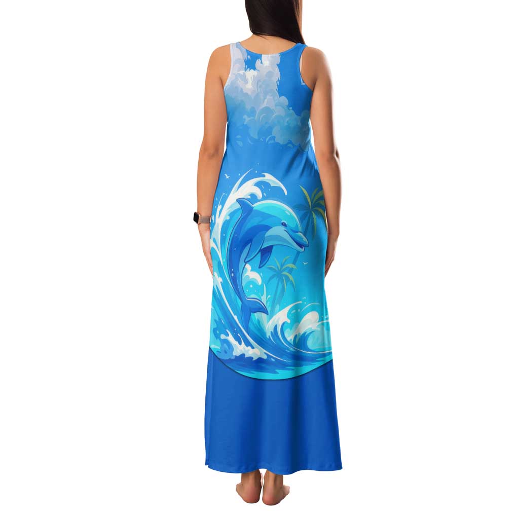 Saint Vincent and the Grenadines Dolphin Family Matching Tank Maxi Dress and Hawaiian Shirt with Ocean Wave and Tropical Island Design - Wonder Print Shop