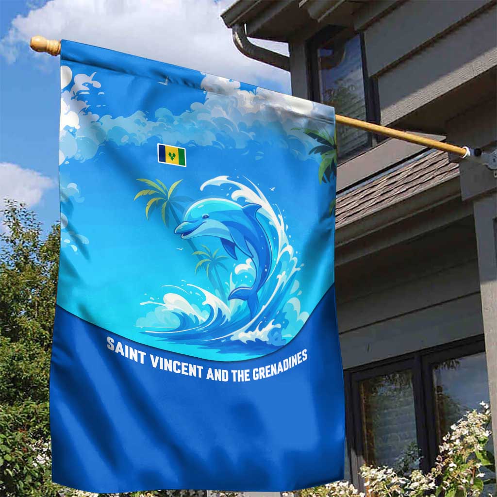 Saint Vincent and the Grenadines Dolphin Garden Flag with Ocean Wave and Tropical Island Design - Wonder Print Shop