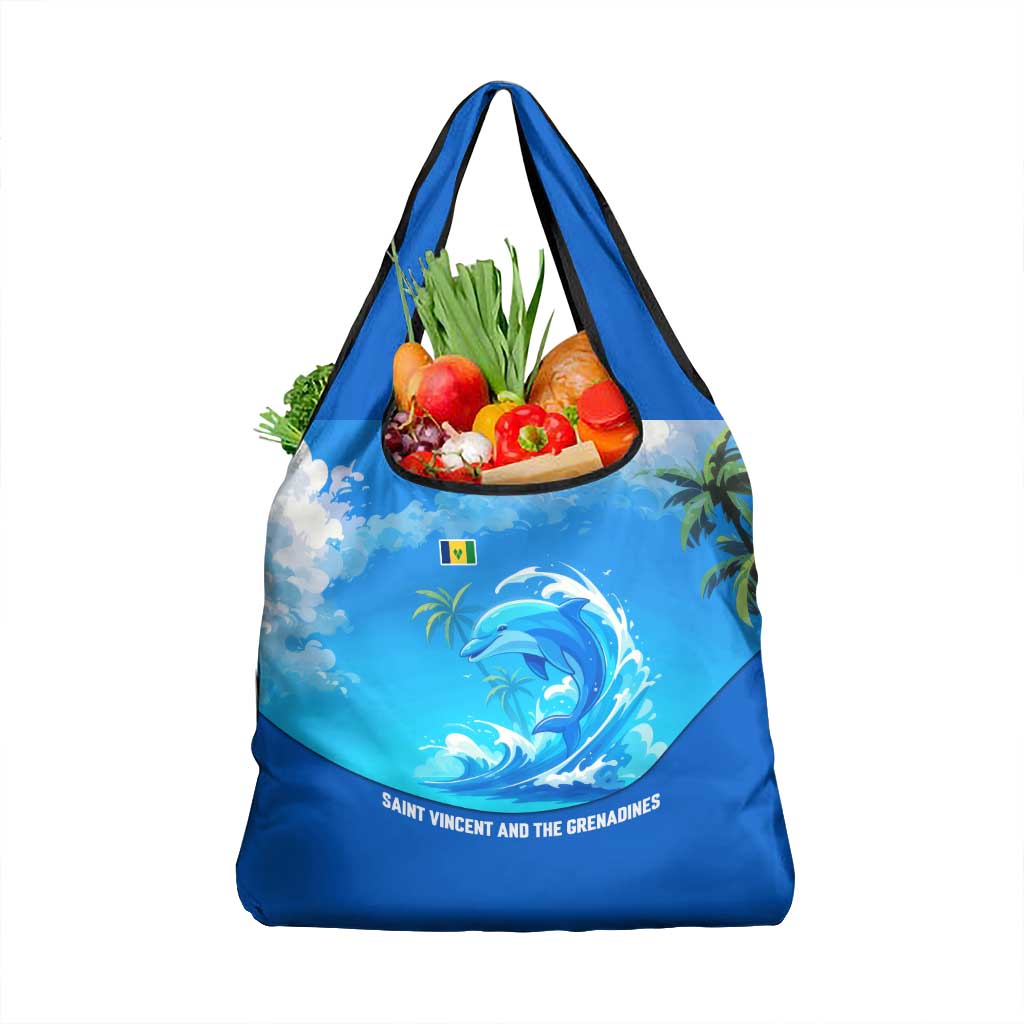 Saint Vincent and the Grenadines Dolphin Grocery Bag with Ocean Wave and Tropical Island Design - Wonder Print Shop
