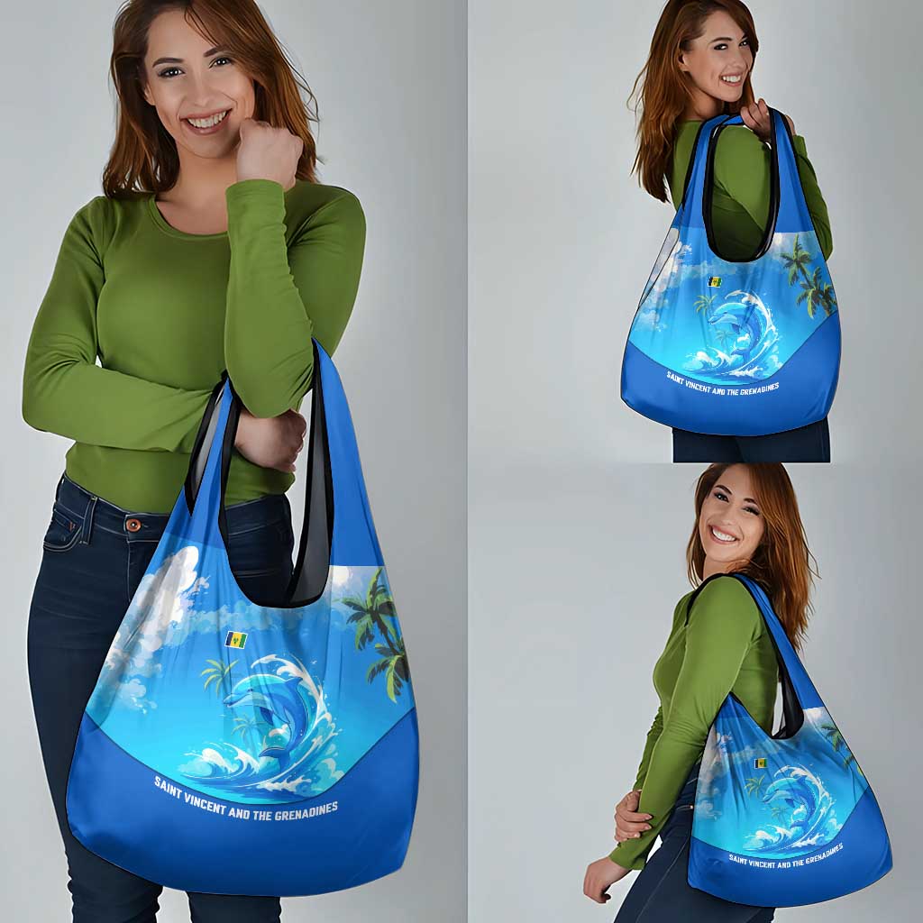 Saint Vincent and the Grenadines Dolphin Grocery Bag with Ocean Wave and Tropical Island Design - Wonder Print Shop
