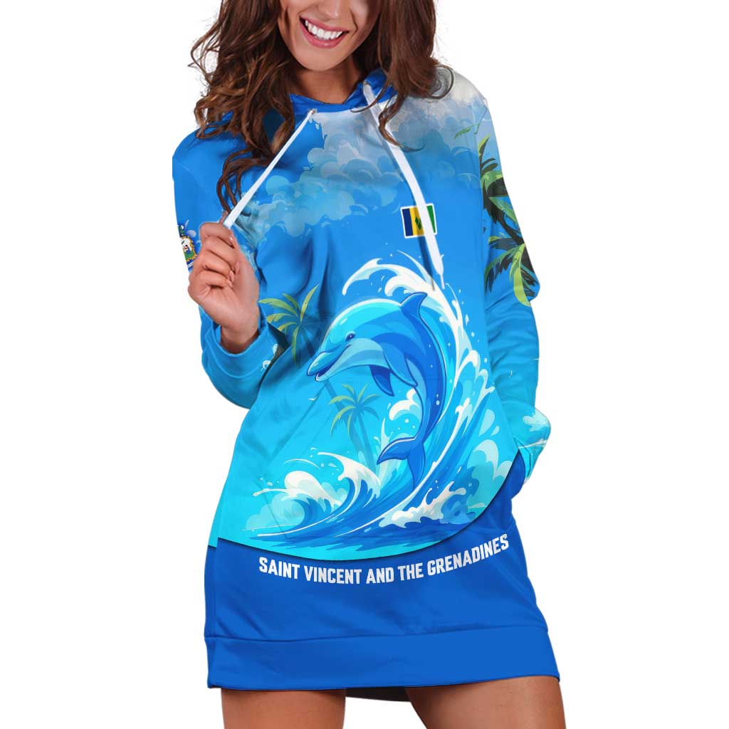 Saint Vincent and the Grenadines Dolphin Hoodie Dress with Ocean Wave and Tropical Island Design - Wonder Print Shop