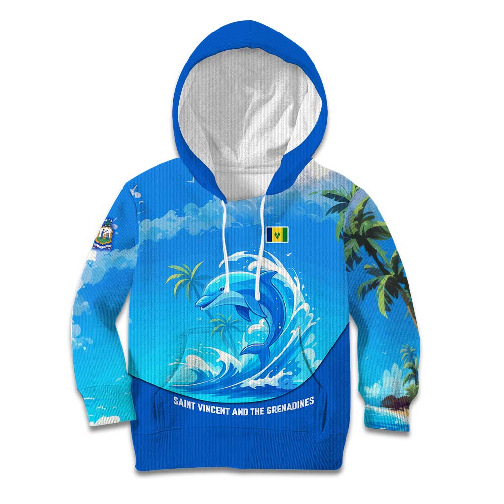 Saint Vincent and the Grenadines Dolphin Kid Hoodie with Ocean Wave and Tropical Island Design - Wonder Print Shop
