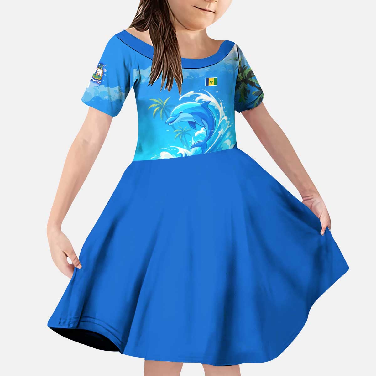 Saint Vincent and the Grenadines Dolphin Kid Short Sleeve Dress with Ocean Wave and Tropical Island Design - Wonder Print Shop