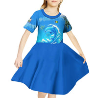 Saint Vincent and the Grenadines Dolphin Kid Short Sleeve Dress with Ocean Wave and Tropical Island Design - Wonder Print Shop