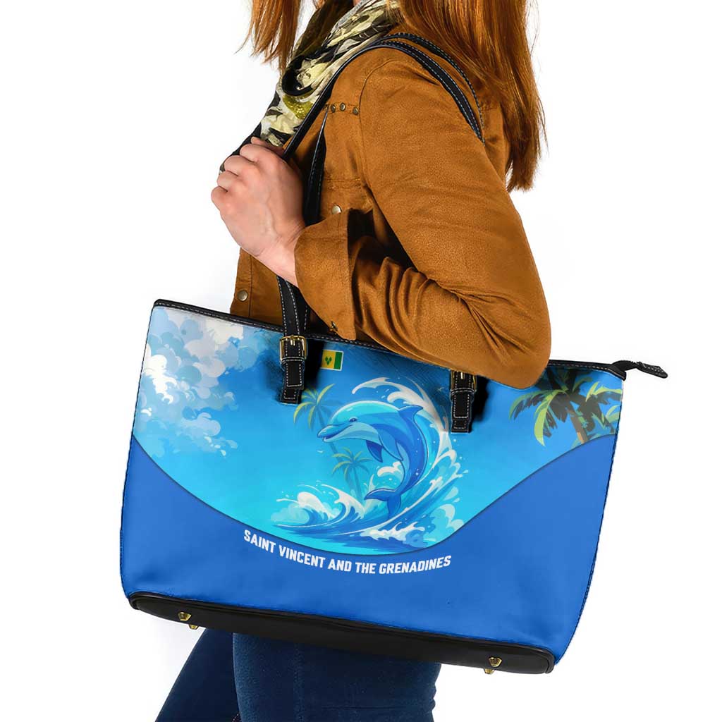 Saint Vincent and the Grenadines Dolphin Leather Tote Bag with Ocean Wave and Tropical Island Design - Wonder Print Shop