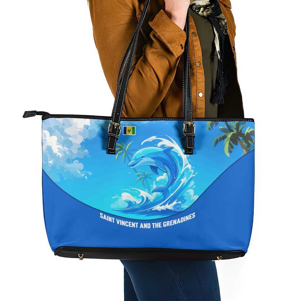 Saint Vincent and the Grenadines Dolphin Leather Tote Bag with Ocean Wave and Tropical Island Design - Wonder Print Shop