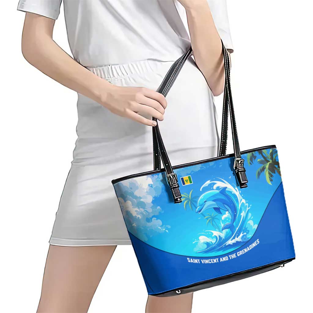 Saint Vincent and the Grenadines Dolphin Leather Tote Bag with Ocean Wave and Tropical Island Design - Wonder Print Shop