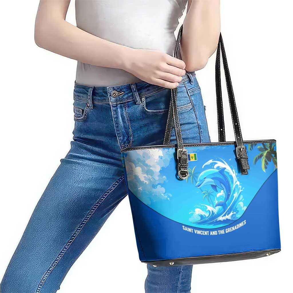Saint Vincent and the Grenadines Dolphin Leather Tote Bag with Ocean Wave and Tropical Island Design - Wonder Print Shop