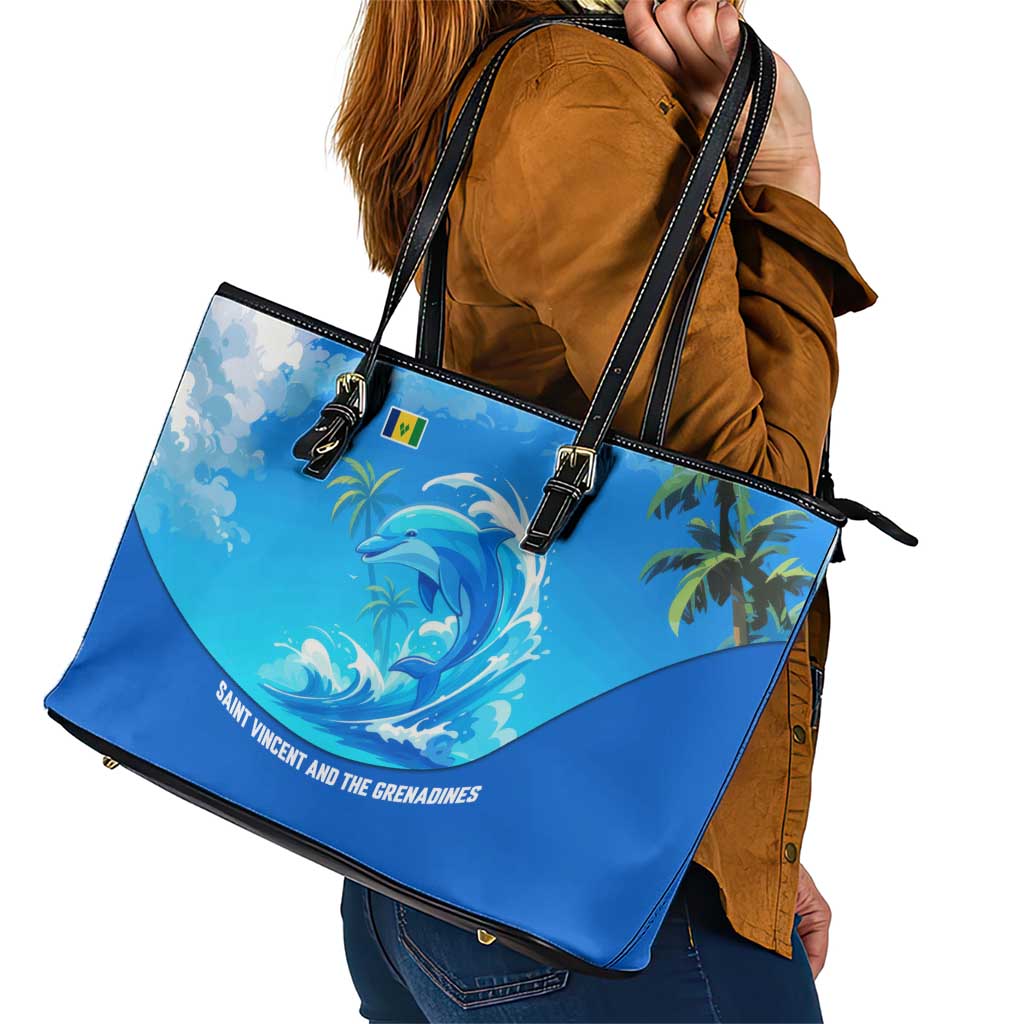 Saint Vincent and the Grenadines Dolphin Leather Tote Bag with Ocean Wave and Tropical Island Design - Wonder Print Shop