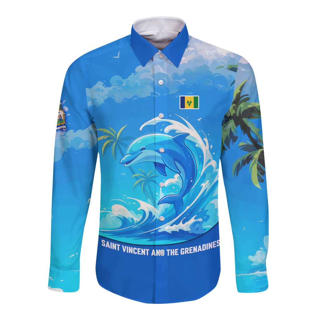 Saint Vincent and the Grenadines Dolphin Long Sleeve Button Shirt with Ocean Wave and Tropical Island Design - Wonder Print Shop
