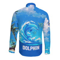 Saint Vincent and the Grenadines Dolphin Long Sleeve Button Shirt with Ocean Wave and Tropical Island Design - Wonder Print Shop