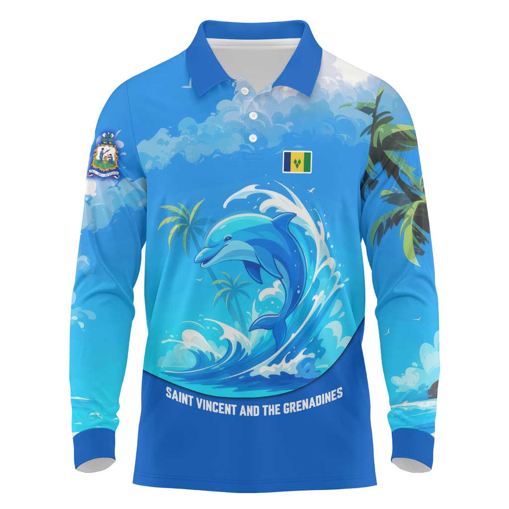 Saint Vincent and the Grenadines Dolphin Long Sleeve Polo Shirt with Ocean Wave and Tropical Island Design - Wonder Print Shop
