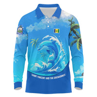 Saint Vincent and the Grenadines Dolphin Long Sleeve Polo Shirt with Ocean Wave and Tropical Island Design - Wonder Print Shop