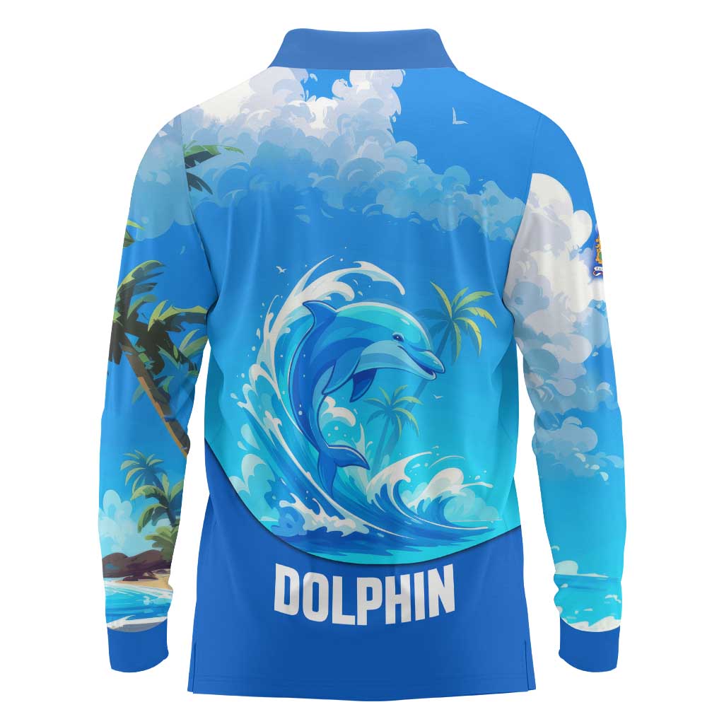 Saint Vincent and the Grenadines Dolphin Long Sleeve Polo Shirt with Ocean Wave and Tropical Island Design - Wonder Print Shop