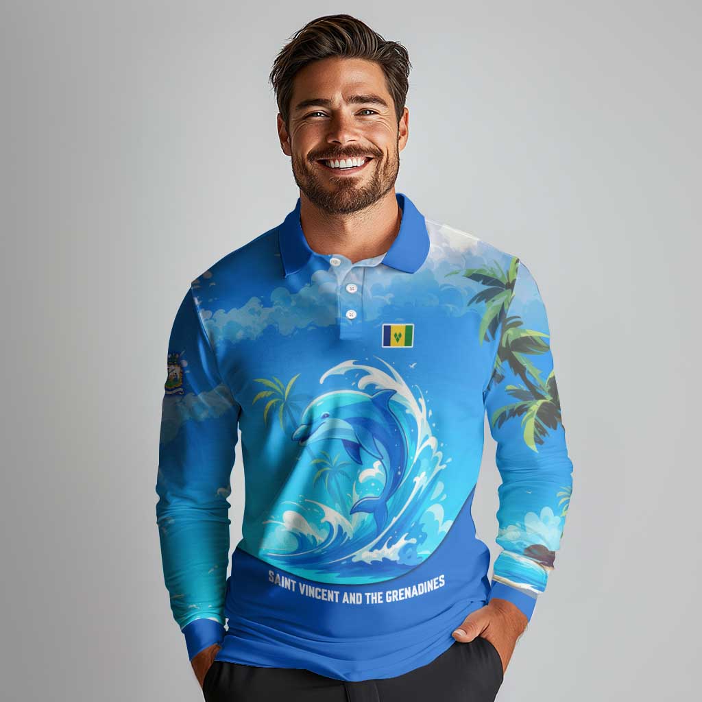 Saint Vincent and the Grenadines Dolphin Long Sleeve Polo Shirt with Ocean Wave and Tropical Island Design - Wonder Print Shop