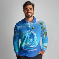 Saint Vincent and the Grenadines Dolphin Long Sleeve Polo Shirt with Ocean Wave and Tropical Island Design - Wonder Print Shop