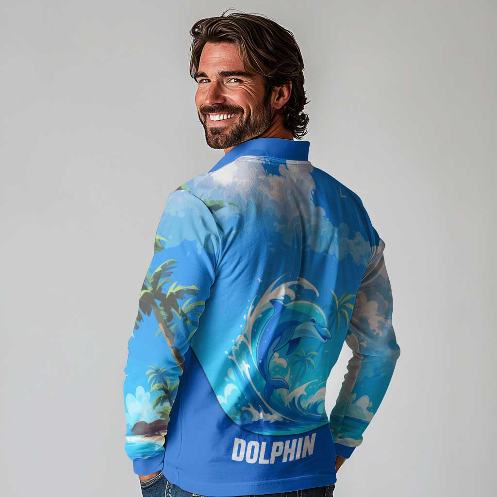 Saint Vincent and the Grenadines Dolphin Long Sleeve Polo Shirt with Ocean Wave and Tropical Island Design - Wonder Print Shop