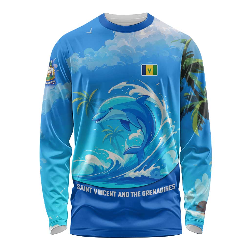 Saint Vincent and the Grenadines Dolphin Long Sleeve Shirt with Ocean Wave and Tropical Island Design - Wonder Print Shop