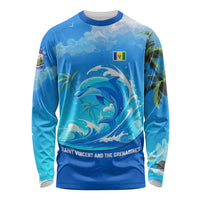 Saint Vincent and the Grenadines Dolphin Long Sleeve Shirt with Ocean Wave and Tropical Island Design - Wonder Print Shop