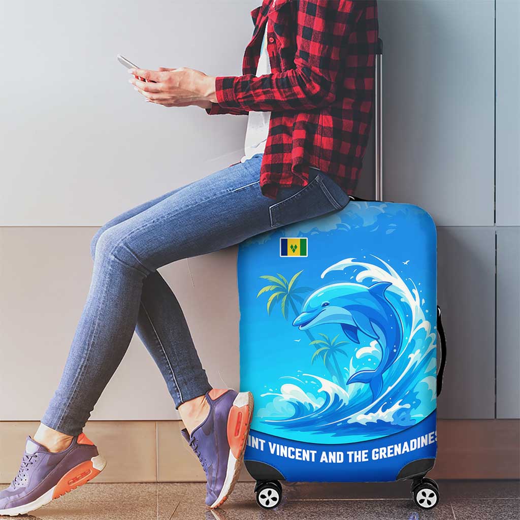 Saint Vincent and the Grenadines Dolphin Luggage Cover with Ocean Wave and Tropical Island Design - Wonder Print Shop
