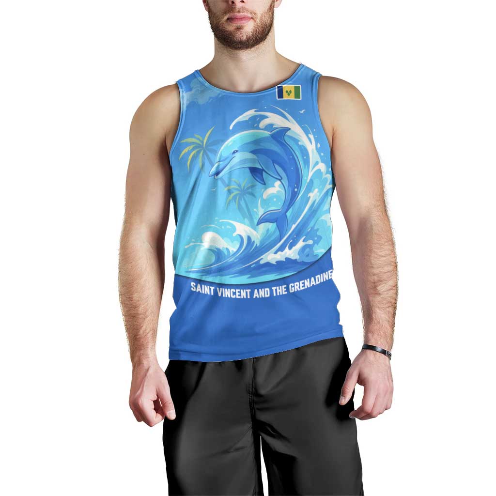 Saint Vincent and the Grenadines Dolphin Men Tank Top with Ocean Wave and Tropical Island Design - Wonder Print Shop