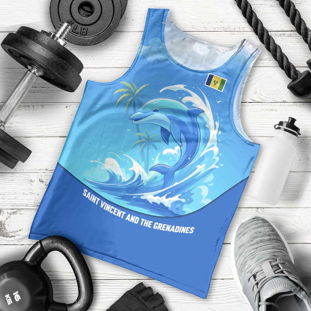 Saint Vincent and the Grenadines Dolphin Men Tank Top with Ocean Wave and Tropical Island Design - Wonder Print Shop