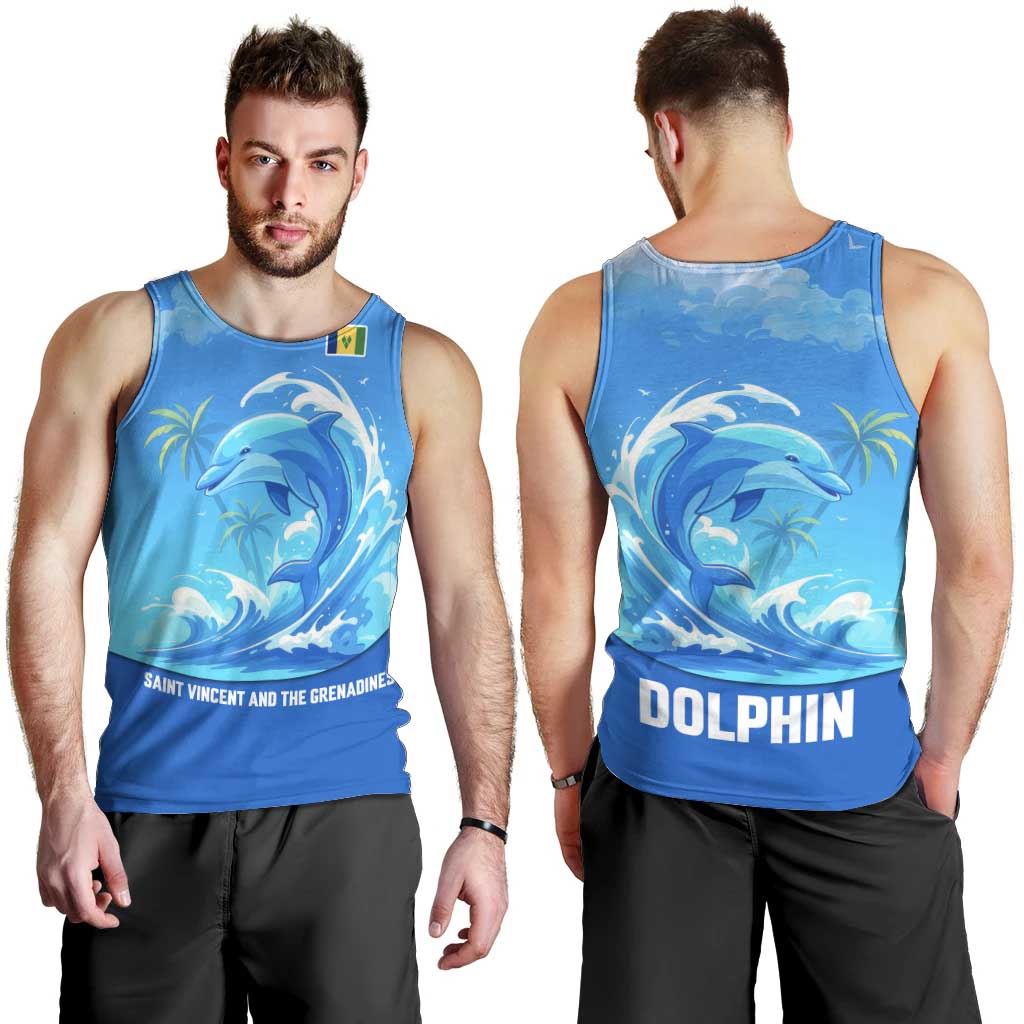 Saint Vincent and the Grenadines Dolphin Men Tank Top with Ocean Wave and Tropical Island Design - Wonder Print Shop